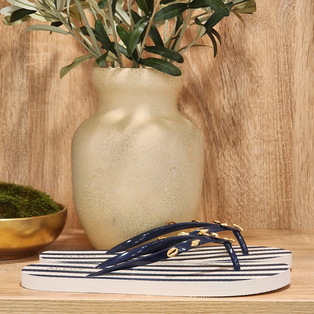 Aldo Women's Blue/White Striped Shell Charm Flip Flops Size 9